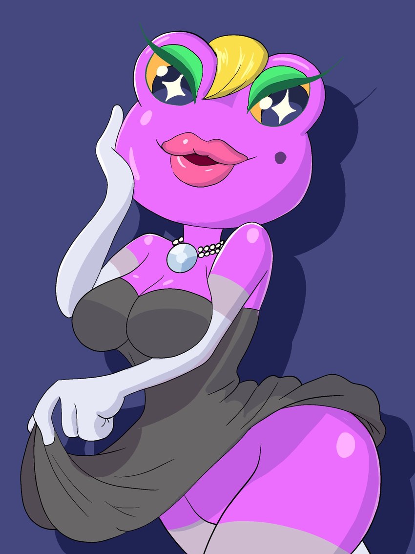 anthro black_clothing black_dress blonde_hair breasts cleavage clothed clothing clothing_lift dress dress_lift female hair hand_on_face jewelry lips necklace no_underwear solo sparkles sparkling_eyes thick_lips nojimmyplz animal_crossing nintendo gigi_(animal_crossing) amphibian frog hi_res portrait three-quarter_portrait