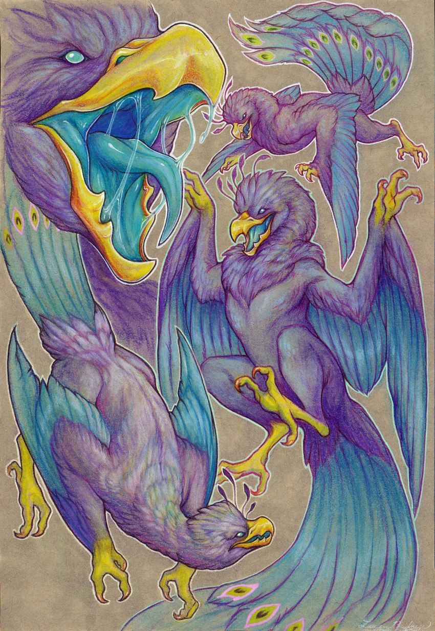 anthro avian_feet beak biped blue_body blue_flesh bodily_fluids clothing drooling feathered_crest feathered_wings feathers green_eyes head_crest male mouth_shot open_mouth pink_body saliva solo tail tail_feathers winged_arms wings ehlbee gyro_feather avian bird galliform peafowl phasianid were wereavian werebird hi_res