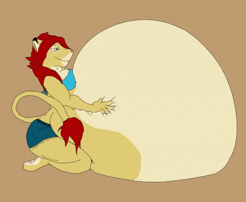 anthro anthro_pred belly big_belly biped breasts clothed clothing female female_pred hair huge_belly hyper hyper_belly kneeling oral_vore red_hair simple_background smile solo vore warlus nadine_(warlus) felid lion mammal pantherine digital_media_(artwork)