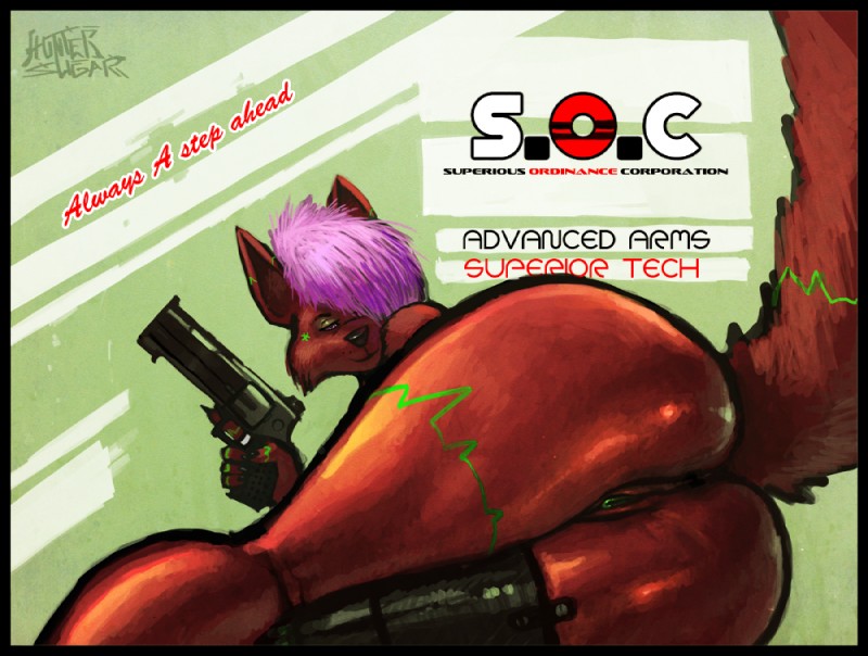 anthro anus biped black_border border butt female genitals gun handgun holding_gun holding_object holding_ranged_weapon holding_weapon looking_at_viewer lying on_side presenting presenting_hindquarters pussy ranged_weapon revolver smile solo text weapon sligarthetiger alxias tek canid canine canis fox mammal english_text