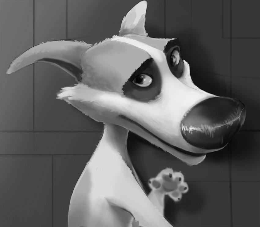 black_nose female feral looking_at_viewer paws raised_paw semi-anthro simple_background smile solo wugi space_dogs subscribestar strelka canid canine canis domestic_dog mammal 2022 absurd_res black_and_white hi_res monochrome sketch