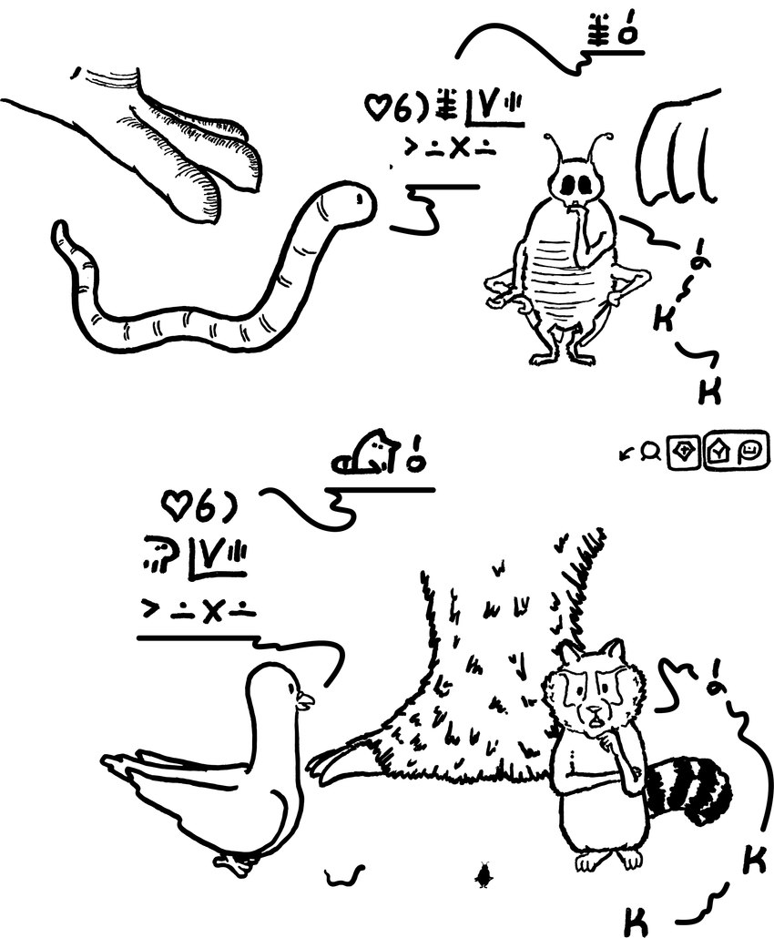 2_panel_comic ambiguous_gender anthro claws dialogue extreme_size_difference feathers feet feral group humor macro markings micro paws raccoon_tail semi-anthro simple_background size_difference talons text toes jan_ke_tami cc-by creative_commons kijetesantakalu_o kijetesantakalu_(kijetesantakalu_o) waso_(kijetesantakalu_o) arthropod avian bird columbid mammal pigeon procyonid raccoon unidentified_species worm absurd_res artist_name comic constructed_language hi_res monochrome sitelen_pona toki_pona_text translation_request