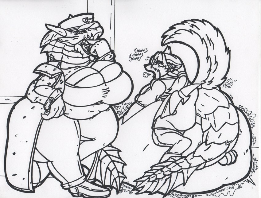 anal anal_vore anthro belly big_belly big_breasts biped boots breasts breath clothing coat duo female footwear hair hat headgear headwear panting shoes topwear vore bestia-bellator129 capcom monster_hunter ribbon_(bowhuskers) canid canine canis lagiacrus leviathan_(mh) mammal wolf hi_res line_art