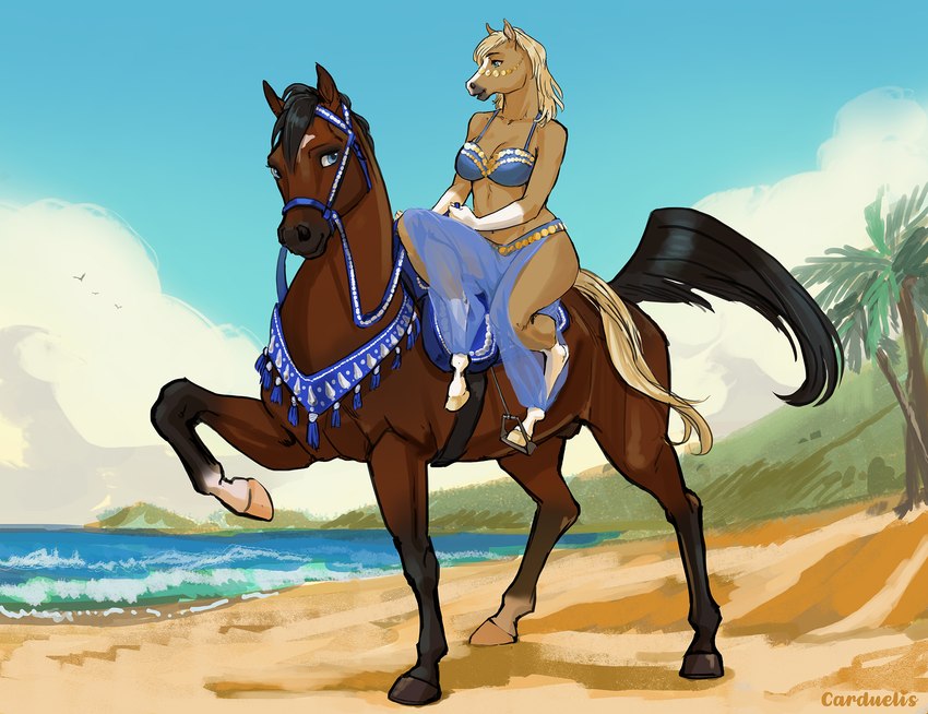 animal_genitalia anthro barely_visible_genitalia barely_visible_sheath beach biped clothing detailed_background duo female female_anthro feral fully_sheathed genitals harness hooves male male_feral palomino quadruped riding riding_on_back sheath unguligrade carduelis arabian_horse equid equine horse mammal hi_res