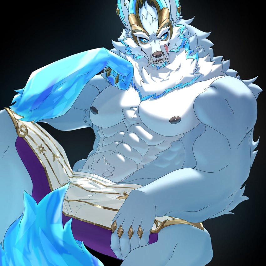 abs anthro bottomwear clothed clothing fur looking_at_viewer male muscular muscular_anthro muscular_male nipples pants pants_only pecs sitting smile solo tail teeth tongue tongue_out warwickislovely league_of_legends riot_games tencent warwick_(lol) canid canine canis humanoid mammal wolf 1:1 hi_res