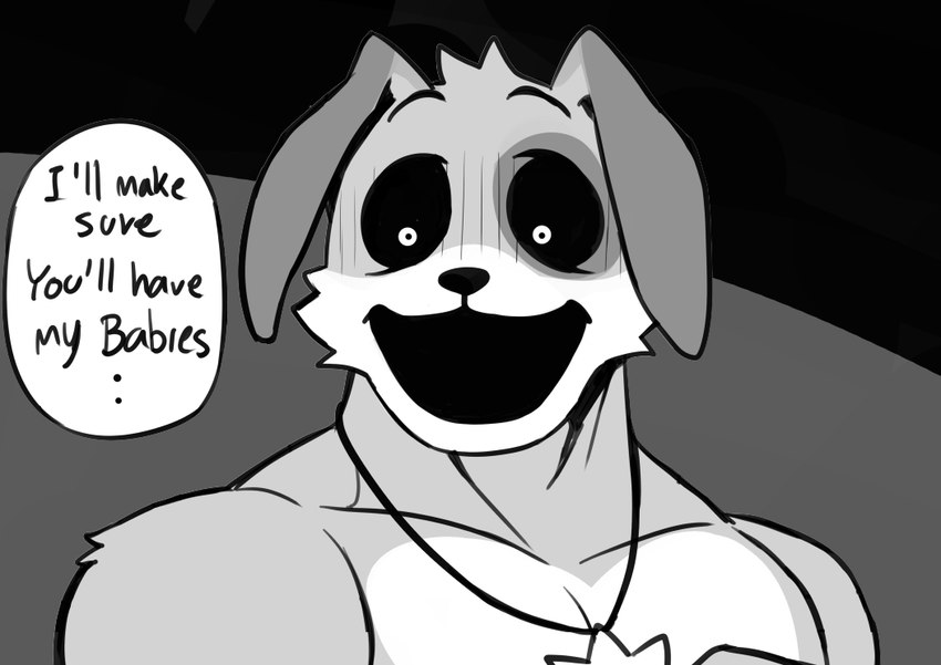 anthro creepy_smile dialogue dirty_talk male muscular muscular_male shocked smile solo text mumu202 mob_entertainment poppy_playtime smiling_critters dogday_(poppy_playtime) canid canine canis domestic_dog mammal comic english_text half-length_portrait monochrome portrait