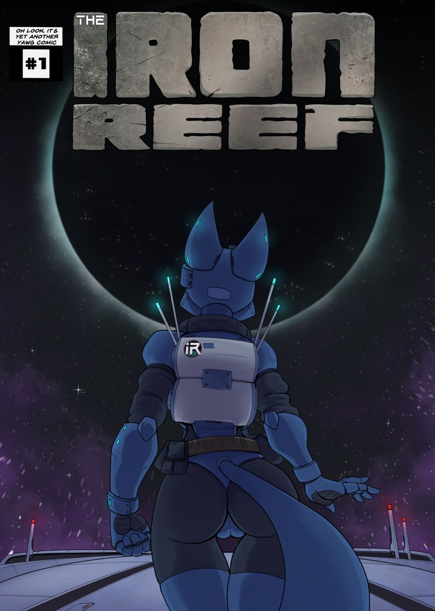 5_fingers anthro belt butt clothed clothed_anthro clothed_female clothing female fingers gloves handwear humanoid_hands solo space spacesuit tail text yawg the_iron_reef kallie_lynn canid canine canis mammal wolf 2024 comic cover cover_art cover_page english_text hi_res