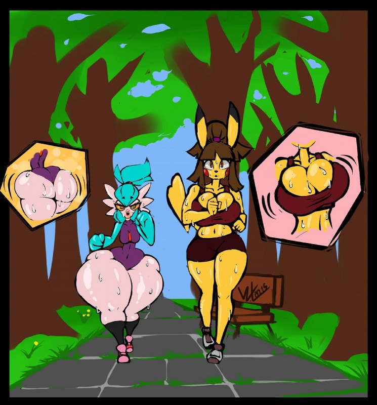 anthro big_breasts big_butt bodily_fluids breasts butt cleavage cleft_tail clothed clothing duo female fur huge_breasts huge_butt huge_hips huge_thighs hyper hyper_butt hyper_hips jogging sweat tail thick_thighs tight_clothing wide_hips yellow_body yellow_fur wolflance nintendo pokemon liz_desaevio pepper_sparks gardevoir generation_1_pokemon generation_3_pokemon mammal pikachu pokemon_(species) rodent 2015 hi_res