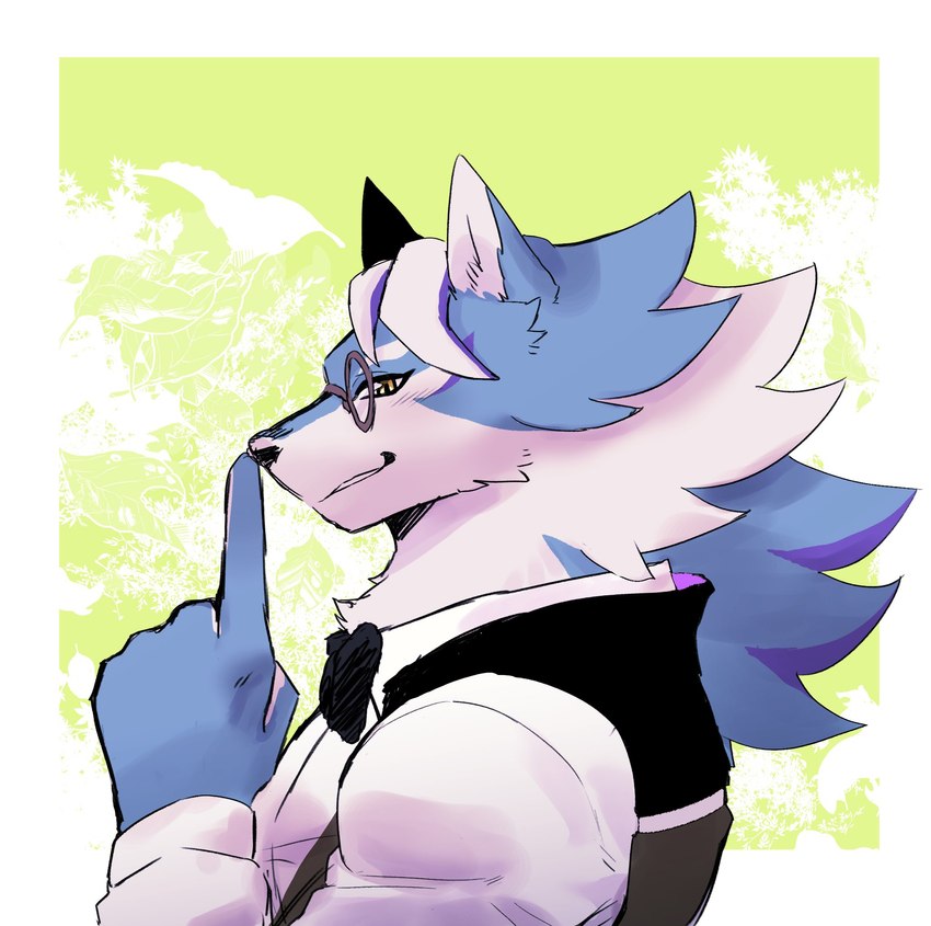 5_fingers anthro blue_body blue_fur clothing eyewear fingers fur glasses hair looking_at_viewer male shirt solo topwear vest white_body white_fur nokia1124_a lifewonders live_a_hero esperdica canid canine canis mammal wolf 2023 hi_res