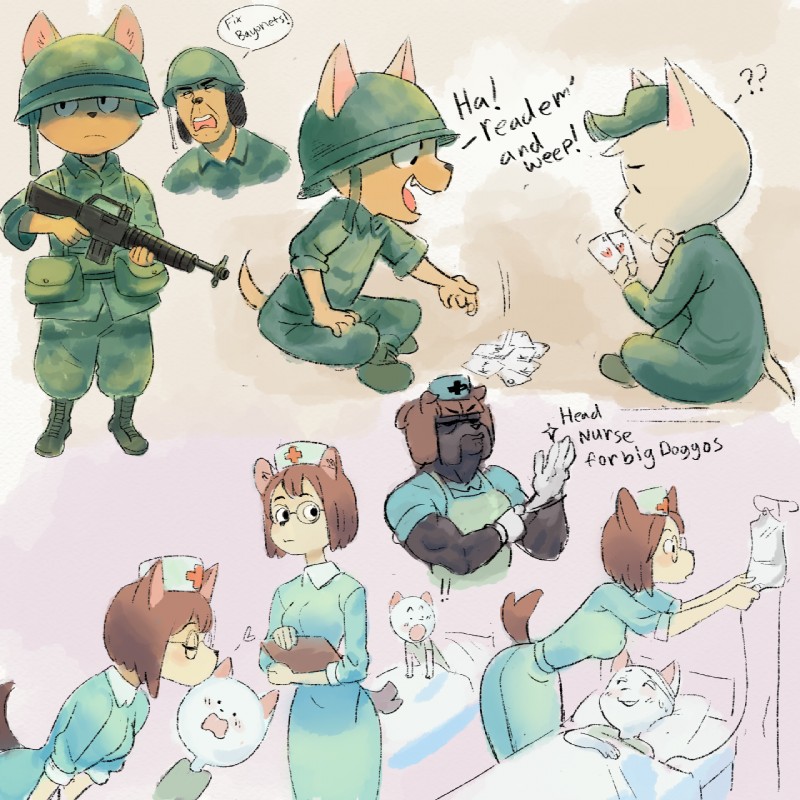 anthro breasts clothing female glove_snap gloves gun handwear looking_at_another looking_at_another's_breasts looking_at_breasts male medical_gloves military nurse patient question_mark ranged_weapon soldier text warrior weapon colo gumbo_(colo) canid canine canis domestic_dog mammal 1:1 2016 comic english_text hi_res