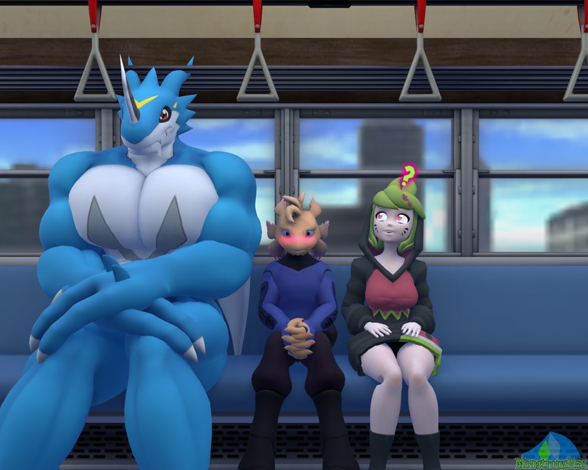 anthro big_pecs black_bottomwear black_clothing black_pants blue_body blue_clothing blue_eyes blue_shirt blue_skin blue_topwear blush bottomwear building clothed clothing crossed_hands dress female green_hair group hair hand_on_leg hand_on_thigh inside inside_train looking_up_at_partner male muscular muscular_anthro muscular_male pale_skin pants pecs pink_eyes question_mark red_eyes shirt size_difference topwear trio white_body white_skin wings albalbalb bandai_namco digimon glitch_productions smg4 axol melony_(smg4) amphibian axolotl digimon_(species) exveemon human mammal marine mole_salamander salamander 2024 3d_(artwork) 5:4 digital_media_(artwork) hi_res watermark