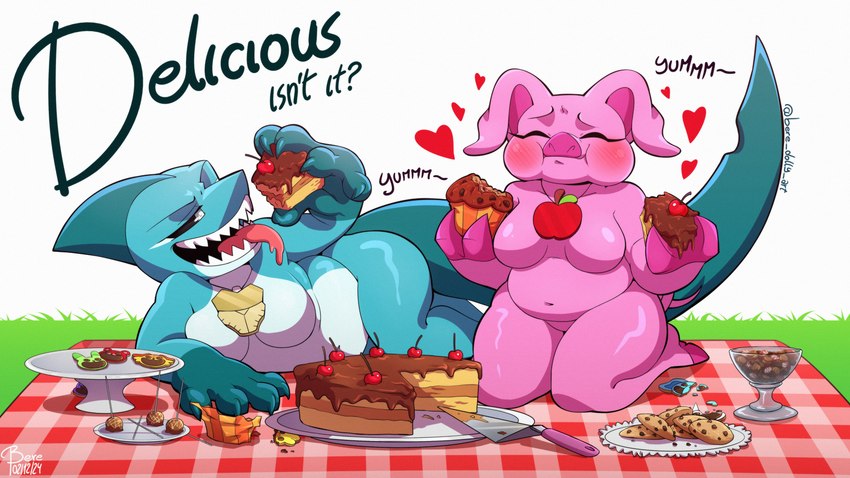 anthro big_breasts black_sclera blue_body blue_scales blush blush_lines breasts cake cookie dessert dialogue duo eating eating_food eyelashes eyes_closed featureless_breasts featureless_crotch female floppy_ears food front_view grass heart_symbol jewelry kneeling lop_ears lying navel necklace non-mammal_breasts on_side open_mouth overweight overweight_anthro overweight_female picnic picnic_blanket pink_body plant scales sharp_teeth simple_background snout teeth text thick_thighs tongue tongue_out white_background white_body white_eyes white_scales wide_hips bere_dolly_art mob_entertainment nightmare_critters poppy_playtime smiling_critters maggie_mako_(poppy_playtime) pickypiggy critters_(poppy_playtime) fish marine shark 16:9 absurd_res hi_res widescreen