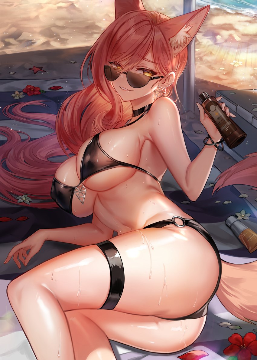 beach big_breasts bikini blush breasts butt clothed clothing eyewear female fluffy_ears hair huge_breasts long_hair lotion_bottle navel pink_hair sand seaside seductive sunglasses swimwear two-piece_swimsuit water wet yellow_eyes gyozu02 fate_(series) type-moon koyanskaya_(fate) animal_humanoid canid canid_humanoid canine canine_humanoid fox fox_humanoid humanoid mammal mammal_humanoid absurd_res hi_res