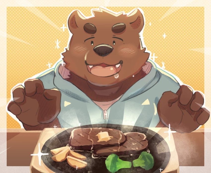 anthro brown_body brown_fur brown_nose clothed clothing cute_fangs fangs food fur humanoid_hands kemono male solo teeth shimo_kawa bear mammal 2021