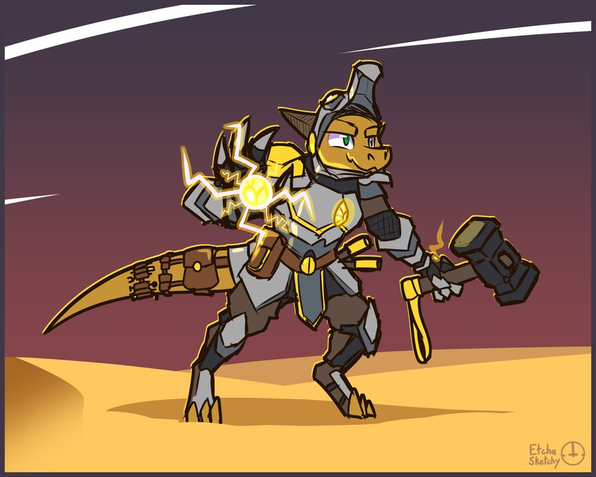 accessory anthro armor artificer bag belt clothed clothing desert electricity electricity_manipulation elemental_manipulation eyewear eyewear_on_head footwear furgonomics gauntlets gloves green_eyes hammer handwear headgear helmet horn lightning male outside red_sky sand scales simple_background sky smile solo tail tail_accessory tail_bag tools weapon yellow_body yellow_scales etchasketchy dungeons_and_dragons hasbro wizards_of_the_coast kobold scalie 5:4 digital_media_(artwork) hi_res