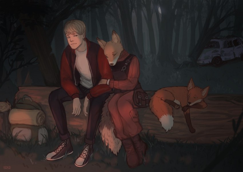 anthro backpack bag blonde_hair boots car clothing female feral footwear group hair hug log male moon plant shoes sleeping tail tree trio vehicle wood kirkir whisper_(gabrielofcreosha) canid canine canis fox human humanoid jackal mammal 2019 digital_media_(artwork)