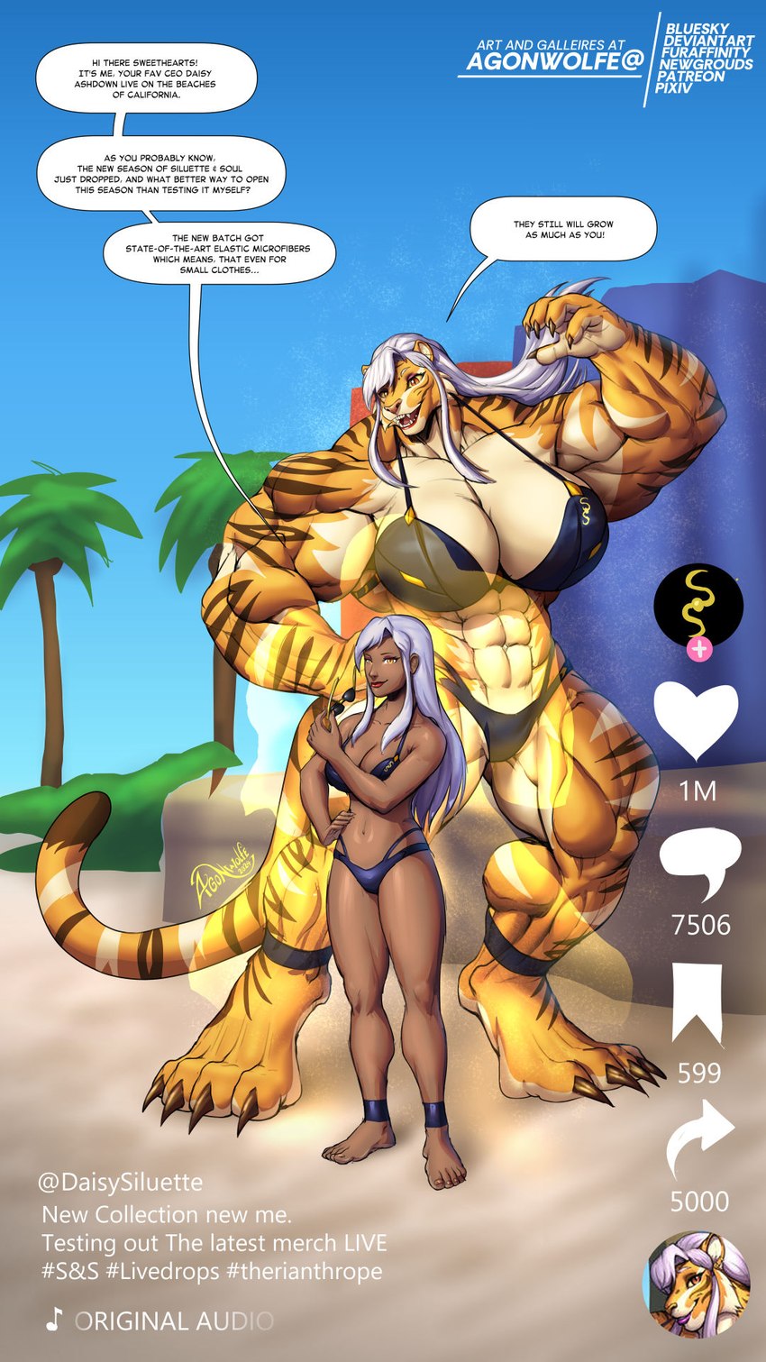 anthro beach before_and_after bikini clothing dialogue female grey_hair hair muscular speech_bubble swimwear text transformation two-piece_swimsuit agonwolfe felid feline humanoid mammal pantherine tiger 9:16 english_text hi_res