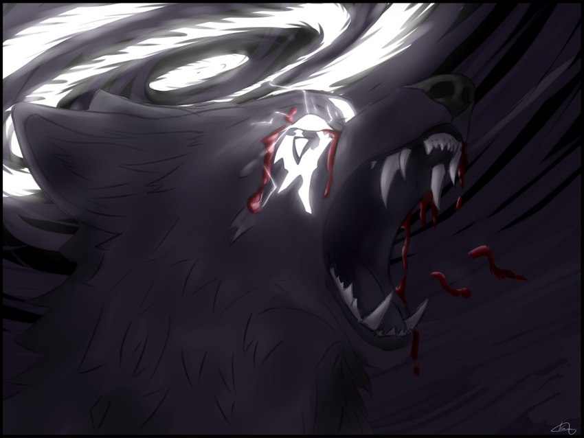 anthro black_body black_fur blood bodily_fluids bright_eyes fur halo light light_beam male open_mouth solo white_eyes yelling kamihzz archangel canid canine canis mammal wolf kami_(disambiguation) 4:3 absurd_res hi_res