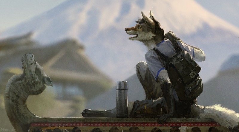 anthro backpack biped black_nose day detailed_background male mount_fuji mountain open_mouth outside sitting sky smile solo teeth tongue nomax canid canine canis coyote mammal 2019 digital_media_(artwork)