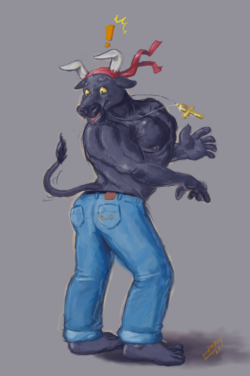 alternate_species ankh black_body black_fur bottomwear butt clothing denim denim_bottomwear denim_clothing exclamation_point fur grey_background horn jeans kerchief male muscular muscular_male owo pants raised_tail rear_view simple_background solo tail yellow_sclera alexyorim lupine_assassin bovid bovine cattle mammal 2021 2:3 absurd_res digital_media_(artwork) digital_painting_(artwork) hi_res