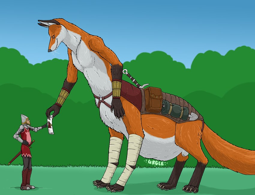 animal_genitalia armor belly big_belly bounty_hunter brown_eyes claws clothed clothing digestion_noises duo extreme_size_difference fully_clothed fully_inside fully_sheathed fur genitals grass larger_male larger_taur male male_pred melee_weapon orange_body orange_fur outside plant saddle_bag sheath shovel size_difference smaller_human smaller_male snout sword tail taur_pred tools vore wanted_poster weapon whiskers white_body white_fur strega hialfi canid canid_taur canine canine_taur fox fox_taur human mammal mammal_taur taur hi_res