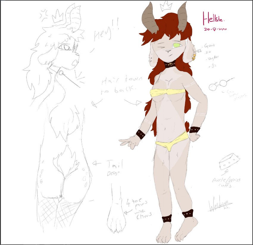 anthro cuffs_(clothing) female hair paws red_hair solo celsiorcrowngoat hellste_(wendover) bovid caprine goat mammal character_name model_sheet