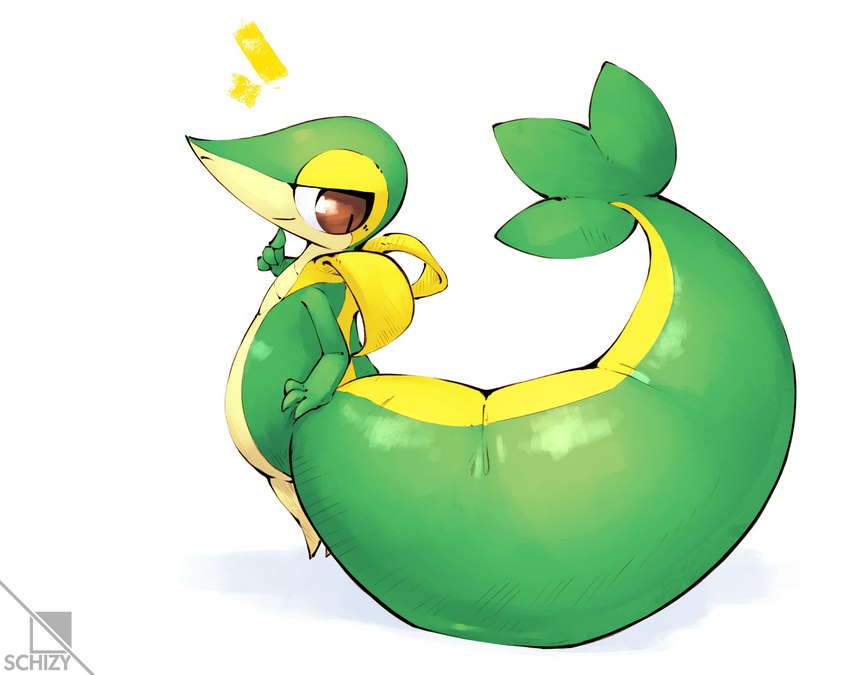 ambiguous_gender big_tail brown_eyes green_body huge_tail hyper hyper_tail logo looking_back multicolored_body simple_background smile smug solo tail thick_tail white_background schizy nintendo pokemon generation_5_pokemon pokemon_(species) snivy 2023 artist_logo colored digital_media_(artwork) hi_res shaded