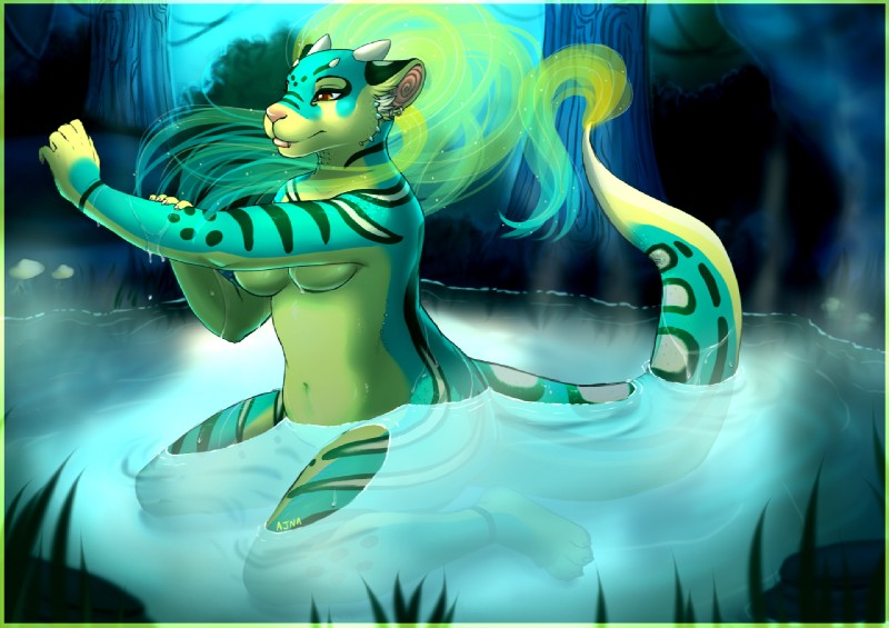 anthro bathing breasts casual_nudity digitigrade ear_piercing female horn non-mammal_breasts nude partially_submerged piercing plant solo spikes tree under_boob water wet ajna iggi_eastwind agamid bearded_dragon felid feline hybrid leopardus lizard mammal ocelot reptile scalie digital_media_(artwork)