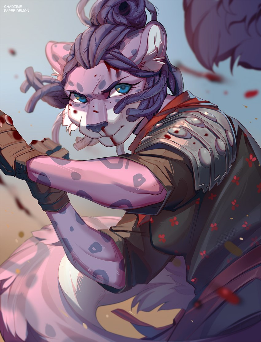 action_pose anthro armor blood blood_on_face bodily_fluids dreadlocks dynamic female nosebleed pose solo warrior chadzime paper_demon legend_of_ahya natalia_ruyemov_(darkflamewolf) domestic_cat felid feline felis leopard mammal pantherine snow_leopard artist_collaboration hi_res