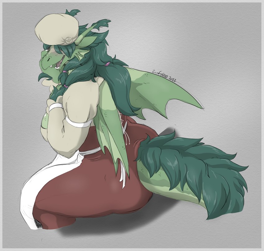 anthro apron big_breasts big_butt blush border breasts butt cheek_fins clothed clothing dress female fur green_body green_fur green_hair green_scales grey_background grey_clothing grey_hat grey_headwear grey_shirt grey_topwear hair hat headgear headwear huge_breasts huge_butt huge_thighs membrane_(anatomy) membranous_wings obscured_eyes red_clothing red_dress scales shirt side_boob simple_background smile solo tail thick_thighs topwear white_apron white_border white_clothing wings zerofox1000 european_mythology mythology dragon mythological_creature mythological_scalie scalie swamp_dragon western_dragon 2022 hi_res