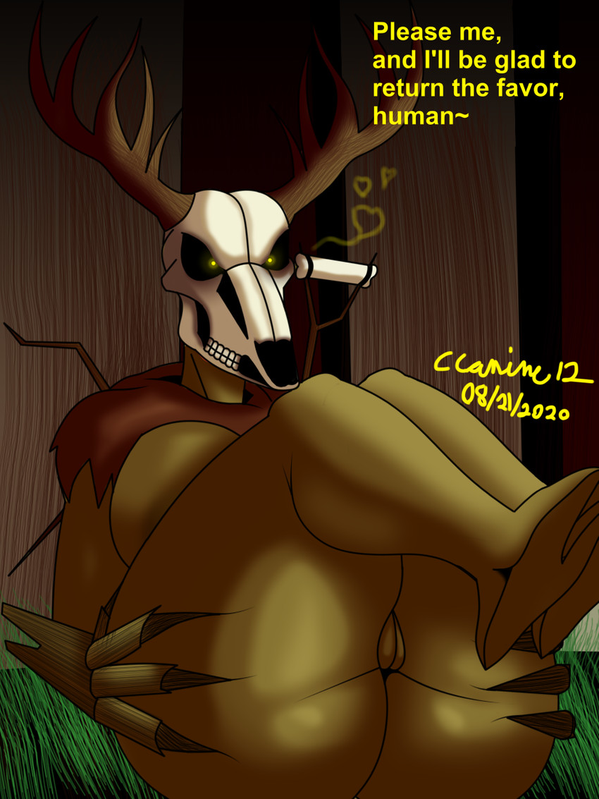 anthro big_breasts big_butt bone breasts butt dialogue female genitals heart_symbol lying nude on_back pussy skull skull_head solo text thick_thighs cobalt_canine american_mythology indigenous_north_american_mythology mythology north_american_mythology the_witcher deer leshen mammal wendigo 3:4 english_text hi_res