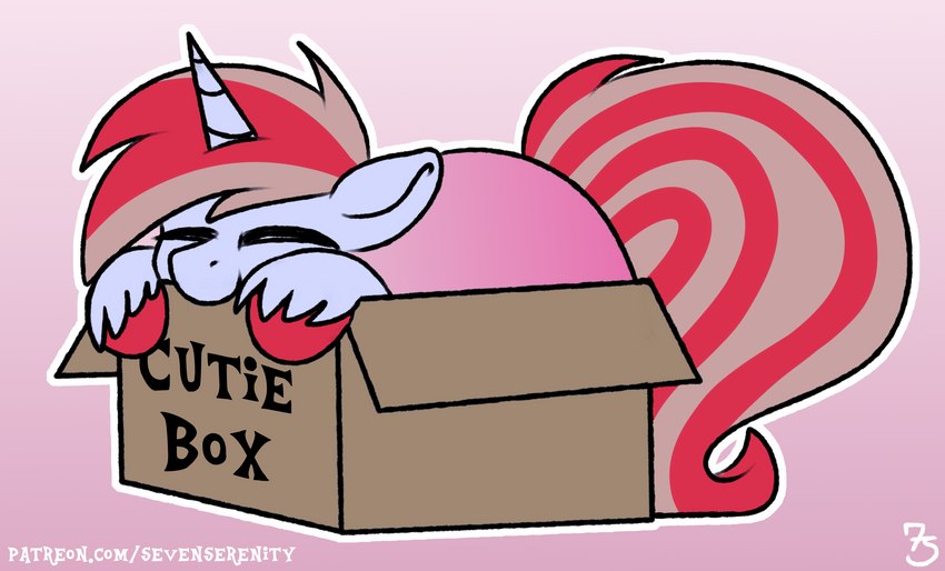 ambiguous_gender box container eyes_closed feral hooves horn solo text sevenserenity hasbro my_little_pony mythology fan_character equid equine mammal mythological_creature mythological_equine unicorn 2021 absurd_res digital_media_(artwork) english_text hi_res url