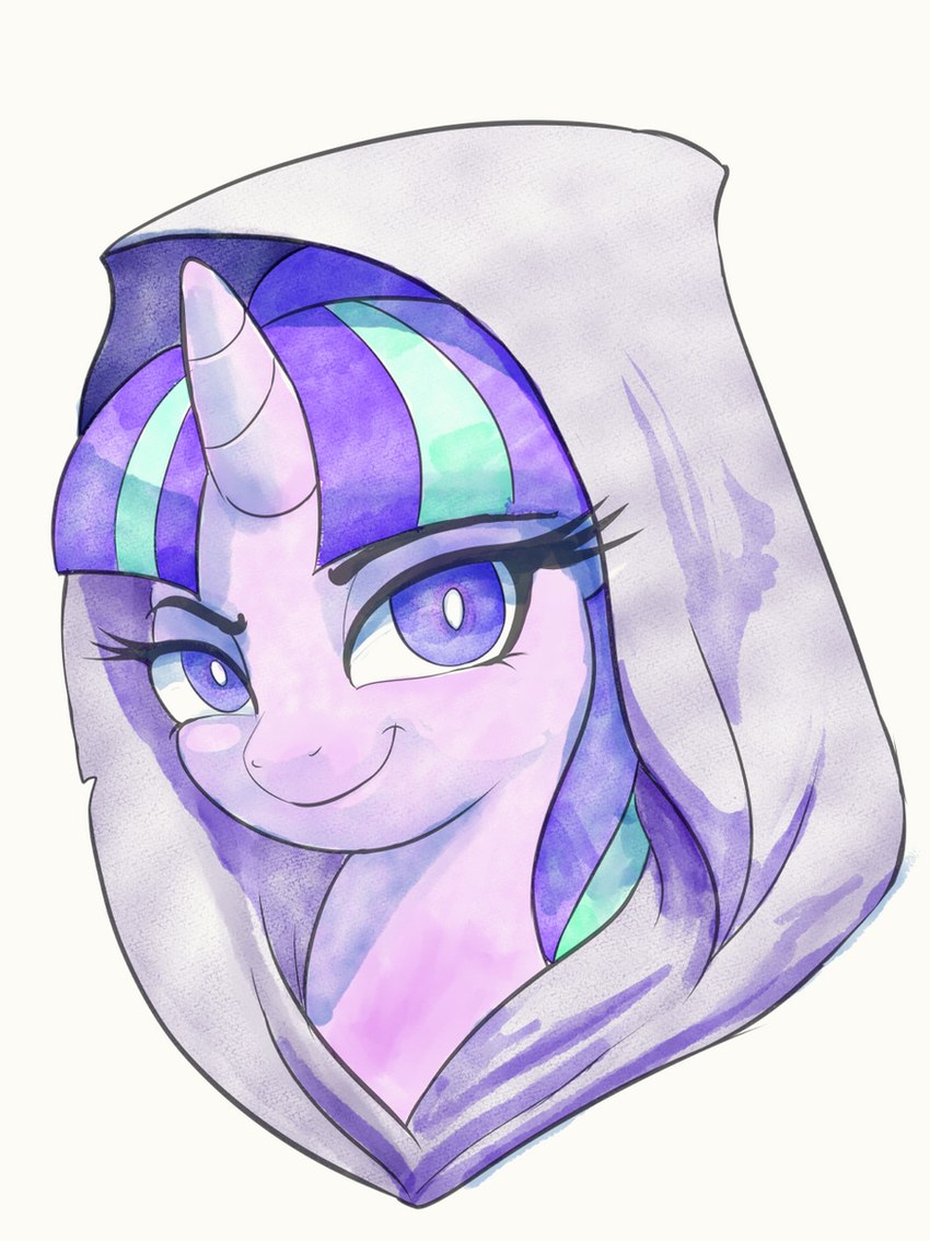 eyebrows eyelashes female feral fur hair hood horn looking_at_viewer multicolored_hair pink_body pink_fur purple_eyes purple_hair purple_sclera simple_background smile smiling_at_viewer solo teal_hair two_tone_hair white_background raikoh-illust friendship_is_magic hasbro my_little_pony mythology starlight_glimmer_(mlp) equid equine mammal mythological_creature mythological_equine unicorn 2021 bust_portrait hi_res painting_(artwork) portrait traditional_media_(artwork) watercolor_(artwork)