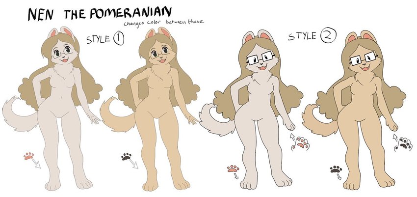 anthro breasts eyewear female fur glasses hair long_hair looking_at_viewer nude simple_background smile solo nendoggo nen canid canine canis domestic_dog mammal pomeranian spitz digital_media_(artwork) model_sheet