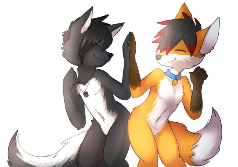 anthro black_body black_fur collar duo fur heart_symbol jewelry male necklace orange_body orange_fur smile white_body white_fur remonpie ash_harden nanabi_ashiro canid canine fox hybrid mammal mephitid skunk