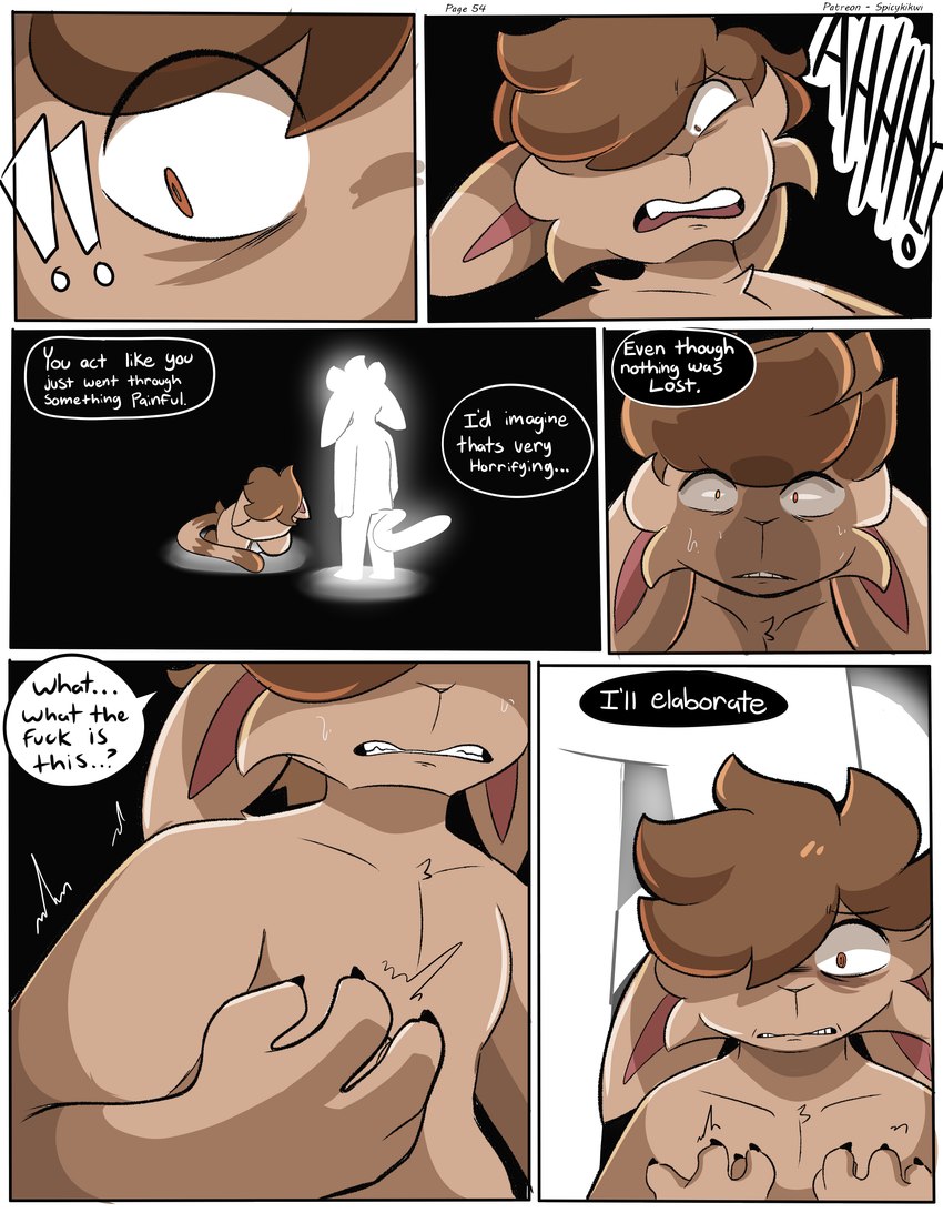 anthro brown_body brown_fur brown_hair clenched_teeth crouching dialogue duo featureless_crotch fur hair looking_at_hand male null pain scared screaming shaking shocked teeth text white_body spicykiwi alex_(spicykiwi) felid feline mammal absurd_res comic english_text hi_res