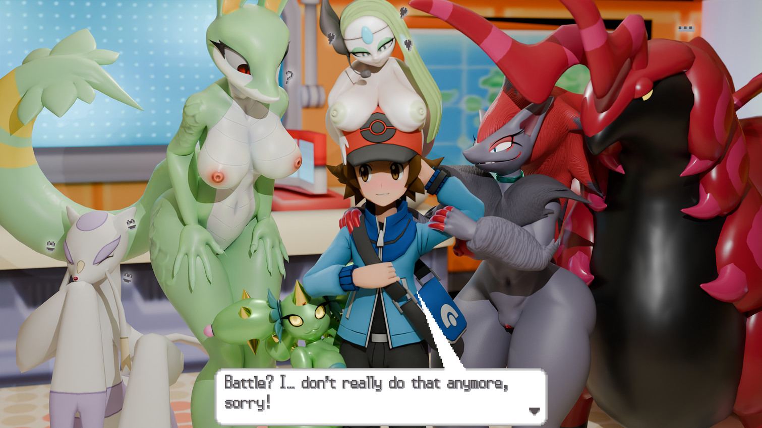 anthro clothed clothed_male clothing collar dialogue female feral group male male/female nude nude_anthro nude_female plant pokemon_center public public_nudity talking_to_viewer text oofoe nintendo pokemon hilbert_(pokemon) arthropod canid canine elemental_creature elemental_humanoid flora_fauna generation_5_pokemon human humanoid legendary_pokemon mammal maractus meloetta meloetta_(aria_form) mienshao mustelid musteline plant_humanoid pokemon_(species) reptile scalie scolipede serperior true_musteline weasel zoroark 16:9 3d_(artwork) blender_(artwork) digital_media_(artwork) english_text hi_res widescreen