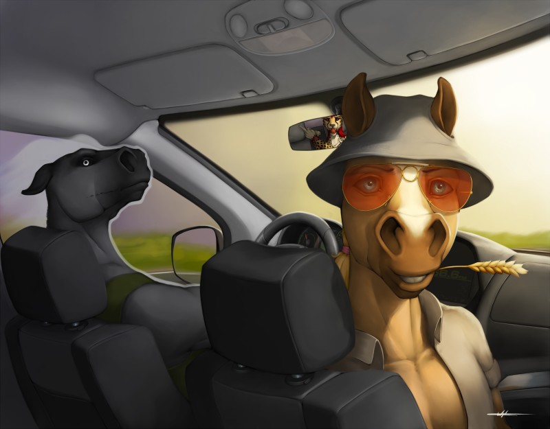 anthro ball_gag blue_eyes car clothing duo_focus eyewear fur gag gagged grey_body grey_fur group hair hat headgear headwear inside_car inside_vehicle looking_at_viewer male red_eyes red_hair sunglasses tan_body tan_fur vehicle wiredhooves fear_and_loathing_in_las_vegas golden_wing cheetah equid equine felid feline horse mammal 2016 hi_res