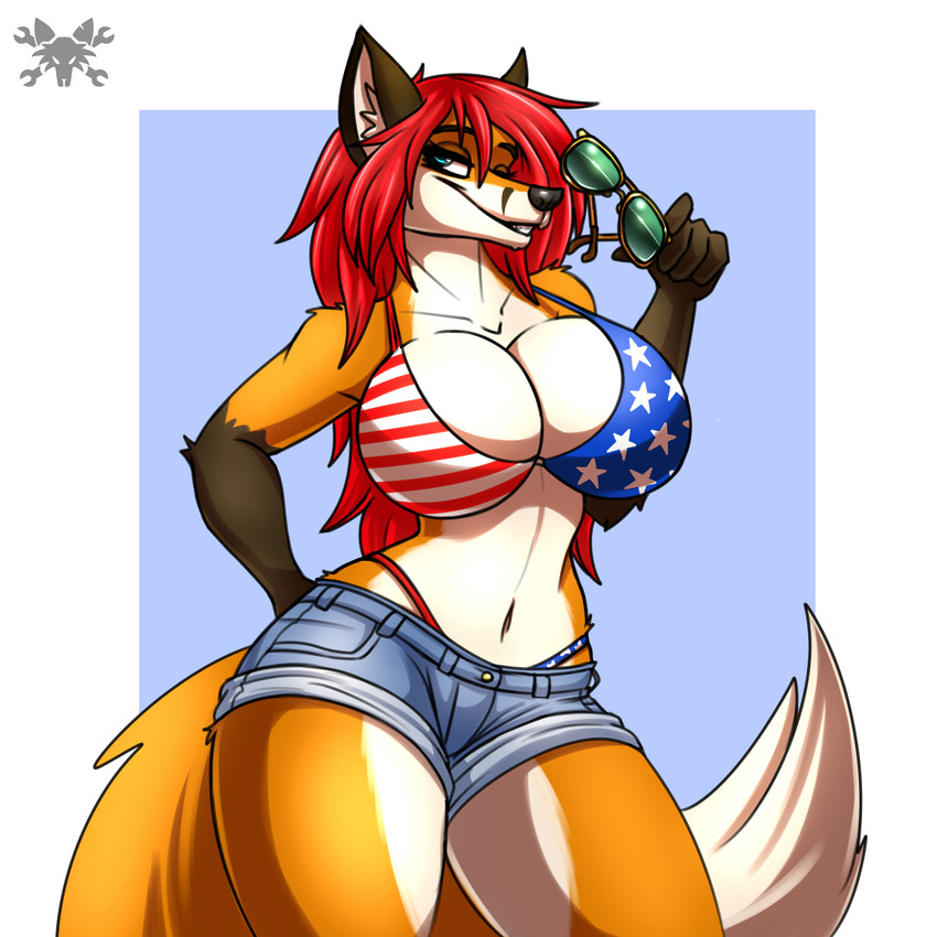 american_flag american_flag_bikini anthro aviators big_breasts bikini blue_eyes bottomwear breasts cleavage clothed clothing daisy_dukes denim denim_bottomwear denim_clothing denim_shorts eyewear female flag flag_bikini flag_clothing flag_print flag_swimwear hair holidays hotpants huge_breasts pose print_bikini print_clothing print_swimwear red_hair shorts solo sunglasses swimwear swimwear_under_clothing thong thong_straps two-piece_swimsuit underwear united_states_of_america tacticalfur 4th_of_july samantha_arrow canid canine fox mammal 1:1 absurd_res hi_res