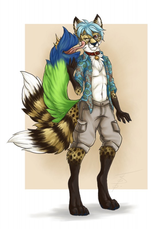 anthro bell blue_hair clothed clothing collar digitigrade eyewear glasses hair male multi_tail simple_background solo tail tail_mouth unusual_anatomy unusual_tail s00t neko_ed novasquirrel canid canine cheetah felid feline fox hybrid mammal tailmouth_(species) hi_res