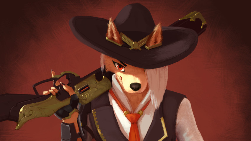 alternate_species anthro anthrofied clothing female fur furrification gloves gun hair hair_over_eye handwear hat headgear headwear looking_at_viewer necktie one_eye_obstructed ranged_weapon red_eyes rifle solo standing topwear vest weapon yellow_body yellow_fur conditional_dnp klaide blizzard_entertainment overwatch ashe_(overwatch) canid mammal 16:9 4k absurd_res hi_res widescreen