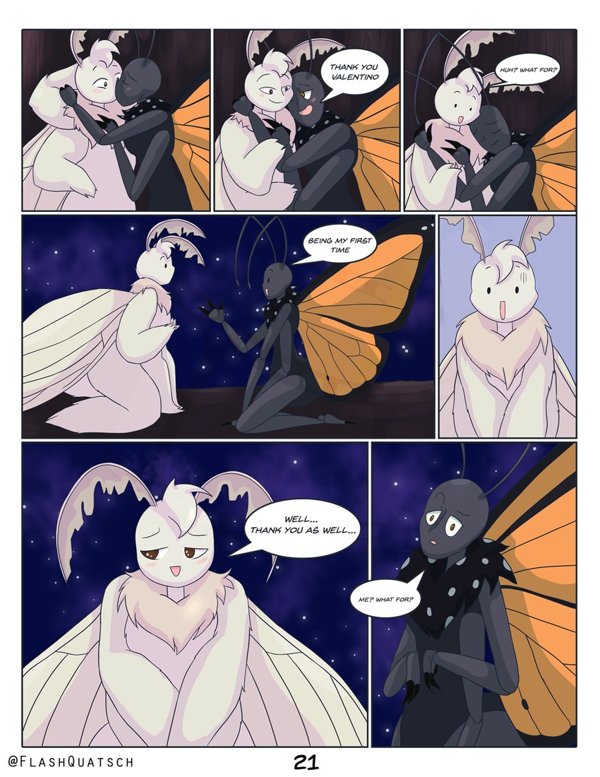 antennae_(anatomy) anthro blush comic_panel cuddling dialogue duo eyes_closed hug insect_wings kiss_on_lips kissing kneeling lepidopteran_wings log looking_aside male male/male multi_arm multi_limb romantic romantic_couple sky speech_bubble star starry_sky tuft wings wood flashquatsch rey_(flashquatsch) valentino_(flashquatsch) arthropod butterfly domestic_silk_moth insect lepidopteran monarch_butterfly moth comic hi_res