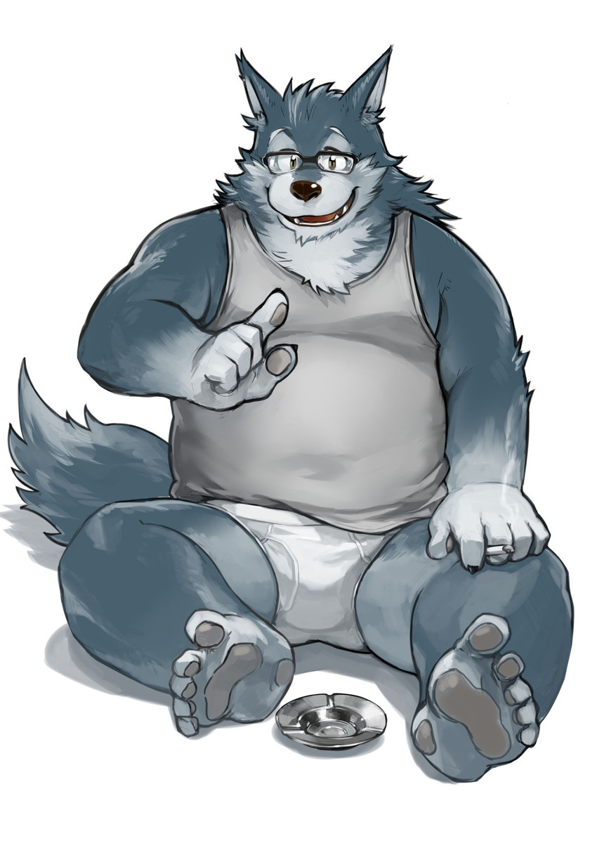 anthro ashtray briefs cigarette clothing eyewear feet glasses humanoid_hands kemono male overweight overweight_anthro overweight_male shirt simple_background sitting smoking solo topwear underwear white_background kita_9999 canid canine canis mammal wolf 2013 hi_res