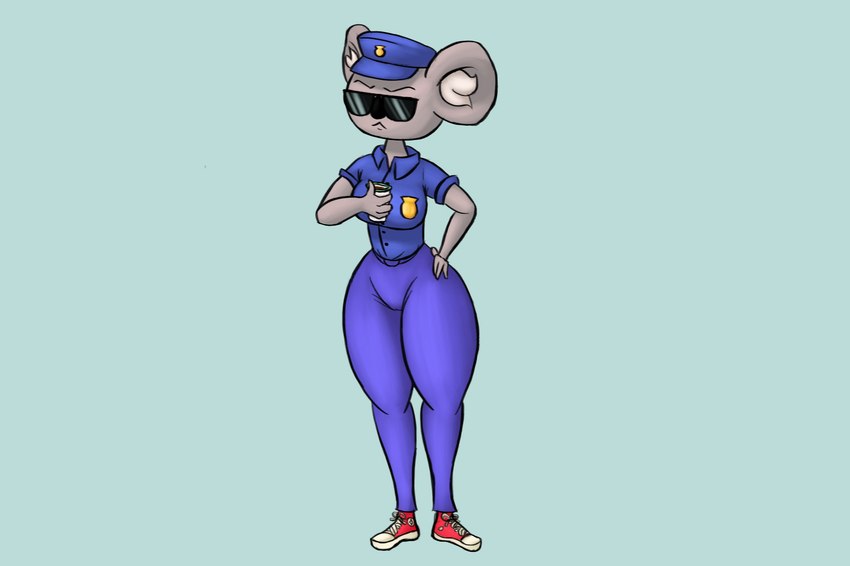 anthro breasts clothing eyewear female footwear grey_body hat headgear headwear police police_officer police_uniform shoes solo sunglasses uniform jovi_cap koala mammal marsupial vombatiform