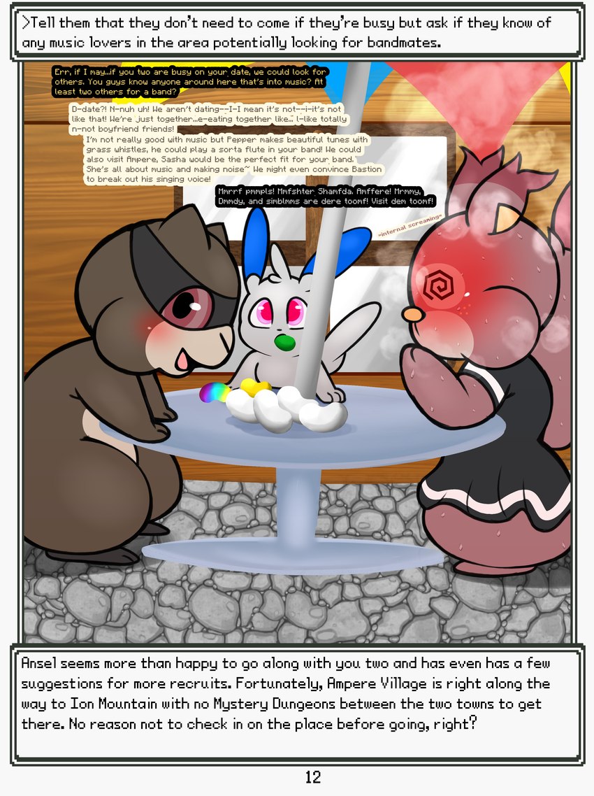 anthro blush bodily_fluids candy clothing dessert dialogue dizzy_eyes dress food furniture group gummi_(pmd) male narration steam stone_floor table text trio umbrella wall_(structure) window wood wood_wall young softestpuffss nintendo pokemon pokemon_mystery_dungeon rodent_powered_(softestpuffss) spike_chunsoft ansel_(rodent_powered) morgan_(rodent_powered) pepper_(rodent_powered) generation_3_pokemon generation_5_pokemon generation_8_pokemon hybrid minccino minun patrat pokemon_(species) skwovet absurd_res english_text hi_res intralingual_translation