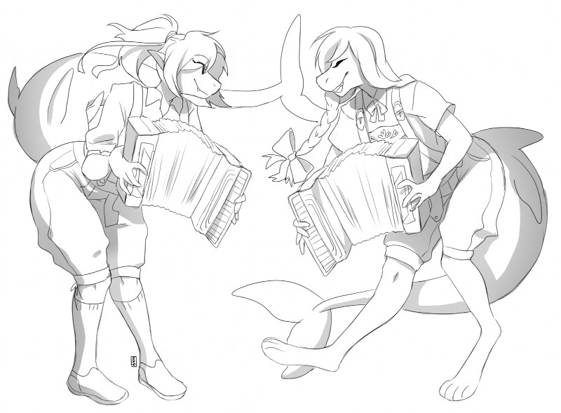 accordion clothing duo female german knock-kneed lederhosen music musical_instrument standing matemi aries_verlonis nicole_(cole) cetacean dolphin fish mammal marine oceanic_dolphin orca shark toothed_whale absurd_res hi_res monochrome