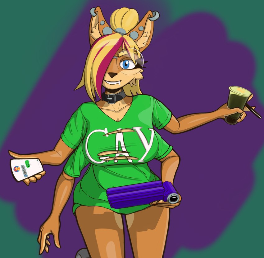 4_arms anthro beverage blonde_hair blue_eyes breasts bubble_tea clothed clothing ear_piercing ear_ring electronics eyewear female fingers fur glasses green_clothing green_topwear hair holding_object holding_phone inner_ear_fluff looking_at_viewer multi_arm multi_limb multicolored_hair multifur orange_body orange_fur phone piercing ring_piercing simple_background smile solo stated_homosexuality stated_sexuality text topwear torn_clothing torn_topwear tuft two_tone_hair sleeps-darkly_(artist) alexis_(sleeps-darkly) bandicoot mammal marsupial 2023 digital_media_(artwork) english_text hi_res