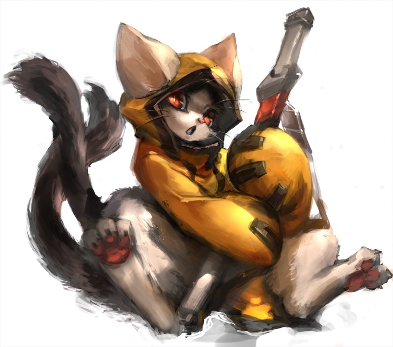 anthro cat_tail hood male multi_tail pawpads paws red_eyes sheathed_sword simple_background snow solo tail weapon whiskers white_background jeacn arc_system_works asian_mythology blazblue east_asian_mythology japanese_mythology mythology jubei_(blazblue) beastkin felid mammal yokai