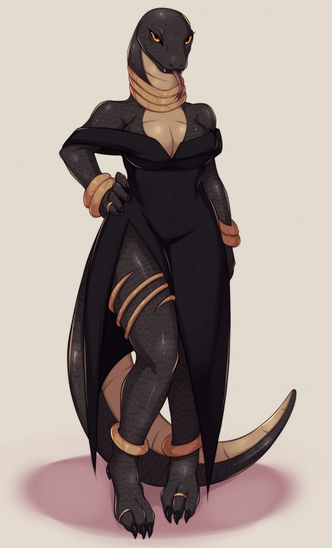 anthro breasts claws cleavage clothed clothing dress fangs female jewelry looking_at_viewer non-mammal_breasts orange_eyes scales simple_background solo standing teeth tongue tongue_out 5-ishart ida elapid_(snake) mamba reptile scalie snake absurd_res hi_res