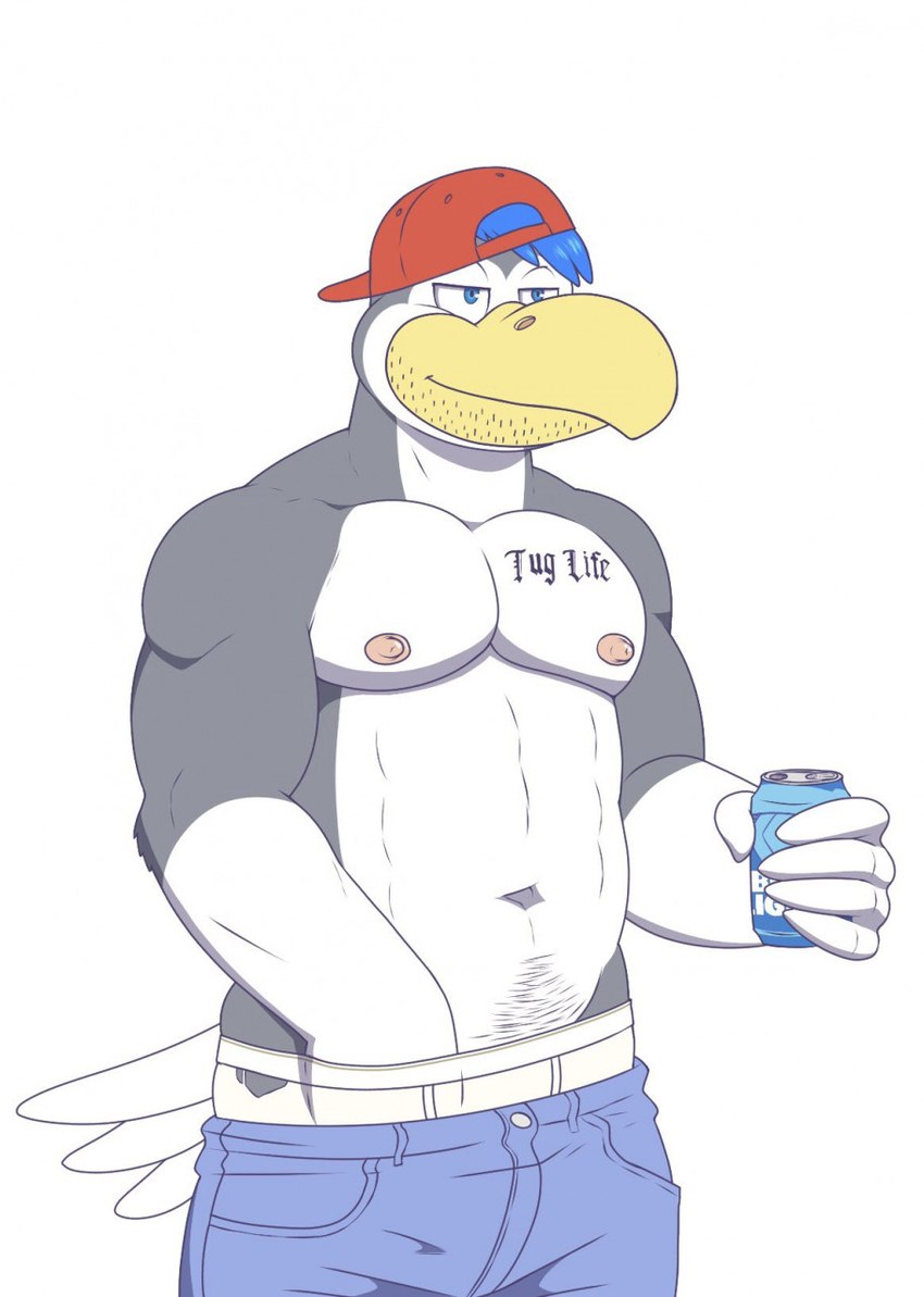 anthro backwards_baseball_cap backwards_hat baseball_cap beak beverage_can bottomwear clothed clothing hand_in_pants hat headgear headwear male nipples non-mammal_nipples pants sagging simple_background solo stubble tattoo topless underwear white_background rain-yatsu avian bird hi_res